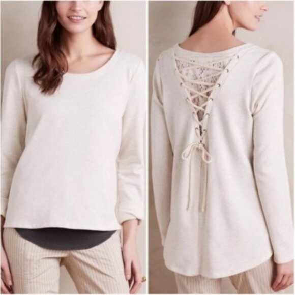 NWT Anthropologie Everleigh Oatmeal Lace  Up Back Sweater Top size XS - Picture 1 of 13